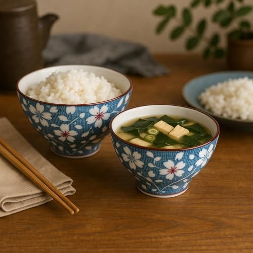 Image of YELONA Japanese Style Ceramic Bowls - 4.8 Inch (300ml), Set of 4 - Floral Design Rice /Noodle Bowls - Microwave & Dishwasher Safe, Ideal for Gifting Choice