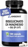 Magnesio Bisglicinato Alto Dosaggio – 180 Capsule Vegane con Vitamina B6 P-5-P – 300 mg Magnesio Elementare, Formula Chelata con Glicinato – 60 Giorni di Scorta – Ambervit