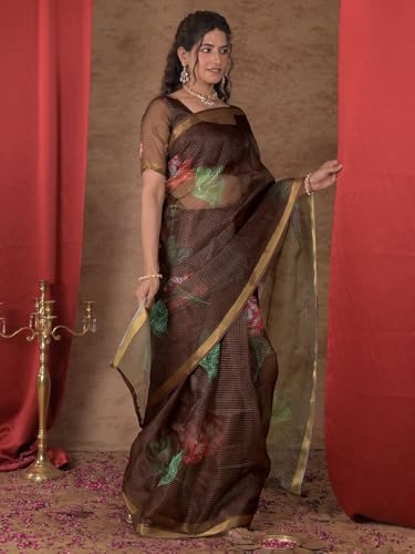 Image of Satrani Women's Kota Chex Printed Saree with Unstitched Blouse Piece