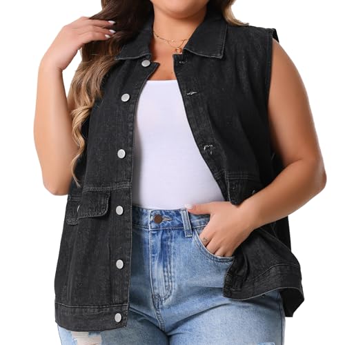 Agnes Orinda Women's Plus Size Denim Vest Oversized Button Down Sleeveless Waistcoat Shacket Jean Jacket