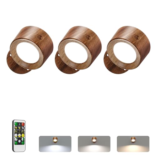 LED Wall Reading Lights with Remote, 3 Pcs Rechargeable Wall Mounted Reading Sconces Lamp 3000mAh, 3 Colors & Dimmable Magnetic 360° Rotation Wall Lighting Spotlights for Bedroom Bedside, Woodgrain