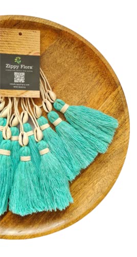 Image of Zippy Flora Handmade Cotton Tassels with Cowrie Shells for DIY & Crafts Project, Pack of 10 (Turquoise Blue)