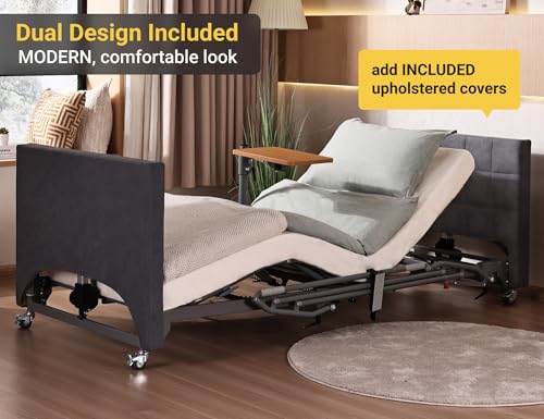 ARMONYO Electric Hospital Bed with Medical Mattress for Home Use - German LIMOSS Motor, Ultra-Low 8.5" Height, 5 Functions, Solid Wood & Upholstered Design with Table & Foldable Rails