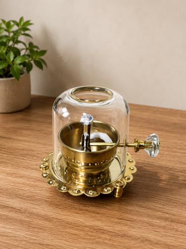 Image of DECOREHUB Primum qulity Brass Decorative akhand Diya with Borocilicate Glass Cover and Extra Wicks ,Long Lasting Burn up to 12hr (Small 3x3.5 inch)