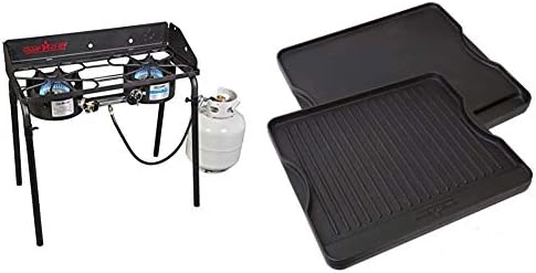 Camp Chef Explorer, Two Burner Stove, Two 30,000 BTU's cast-aluminum burners, Cooking Dimensions: 14 in. x 32 in & Reversible Pre-Seasoned Cast Iron Griddle, Cooking Surface 14 in. x 16