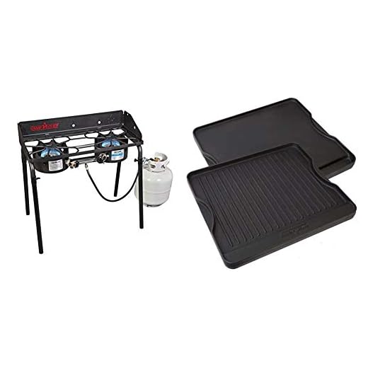 Camp Chef Explorer, Two Burner Stove, Two 30,000 BTU's cast-aluminum burners, Cooking Dimensions: 14 in. x 32 in & Reversible Pre-Seasoned Cast Iron Griddle, Cooking Surface 14 in. x 16