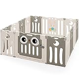 HONEY JOY Baby Play Yard, 14 Panel Owl Style Infant Playpen Activity Center for Toddlers, Anti-Slip Base & Lockable Door, Indoor Portable Safety Baby Fence Play Area for Boys Girls (Beige, 14 Panel)