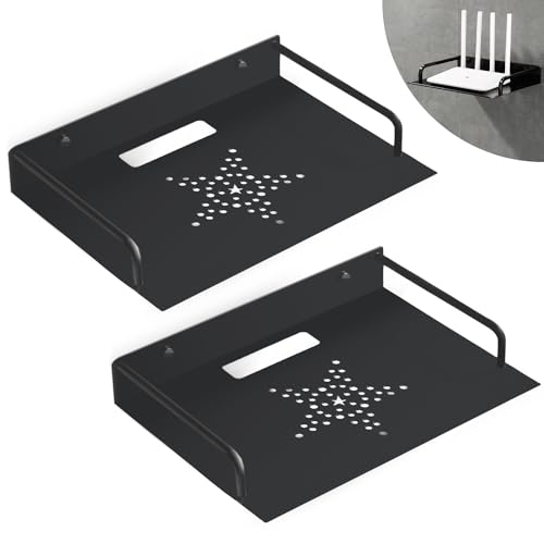 Black Router Wall Mount Shelf: 2 Pcs YOYIAG Wall Mounted Router Holder with Nail Free Glue Router Wall Mount Shelf TV Accessories, Aluminum Cable Box Stand for Router Game Console Media Boxes Monitors
