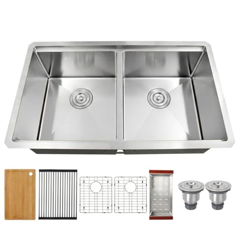LQS Kitchen Sink Stainless Steel, Undermount Kitchen Sink 32 Inch, 50/50 Double Bowl True 16 Gauge Stainless Steel Handmade with Abundant Accessories, R10 Round Corner and 10” Depth for Large Kitchen