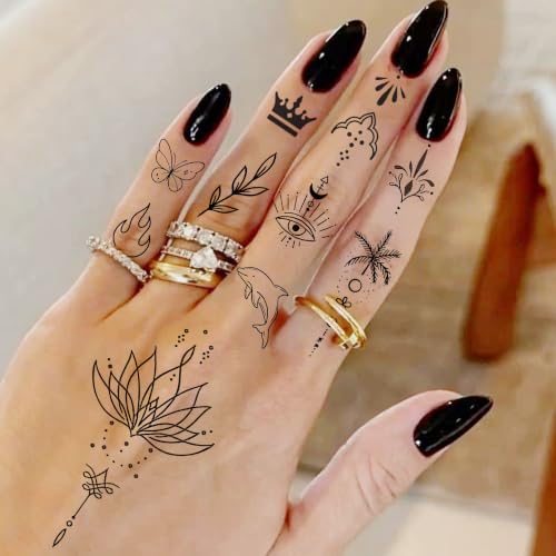 Image of 180+ PCS Bilizar 13 Sheets Black Small Arrow Temporary Tattoos For Finger Hand Ear Neck Tattoo Sticker, Realistic Tiny Flower Star Crescent Lotus Fake Tattoos For Women Men Adults Long Lasting Tatoos