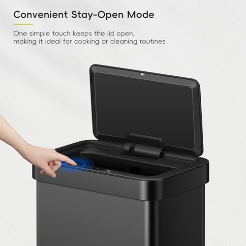 Image of EKO EcoNova 13.2 Gallon / 50L Automatic Sensor Kitchen Trash Can or Recycling Bin, Stainless Steel Touchless Garbage Bin with Soft-Close & Stay-Open Lid, Fingerprint-Resistant, Matte Black