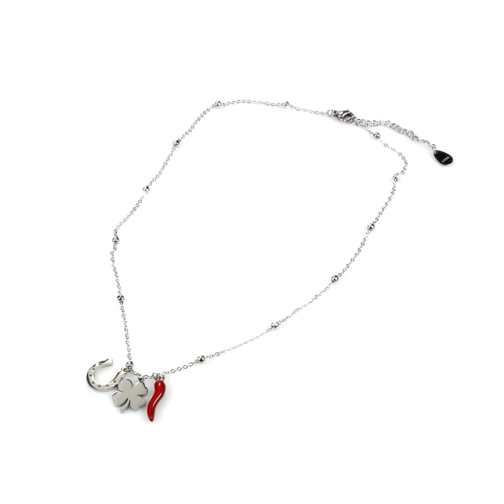 Flowers Collana in Acciaio color Oro o Argento Portafortuna con Ciondolo Corno Rosso, Quadrifoglio e Ferro di Cavallo
