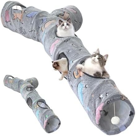 Cat Tunnel for Indoor Cats,Tree Trunk Cat Tunnels with Plush Ball Toys Collapsible,Stars, Moon Shape Self-Luminous, for Indoor Cats,Pets Bunny Rabbits, Kittens, Ferrets