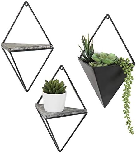 MyGift Indoor Wall Planter and Wooden Wall Display Shelves with Black Metal Frames Metal, 3-Piece Set