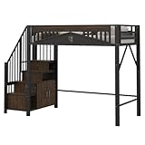 Kinderbett Etagenbett 90x200, Hochbett Hausbett mit Fenster&Treppe&Aufbewahrungsschrank, Metallbett Funktionsbett Einzelbett Jugendbett Spielbett mit Rausfallschutz&Lattenrost, Ohne Matratze, Schwarz