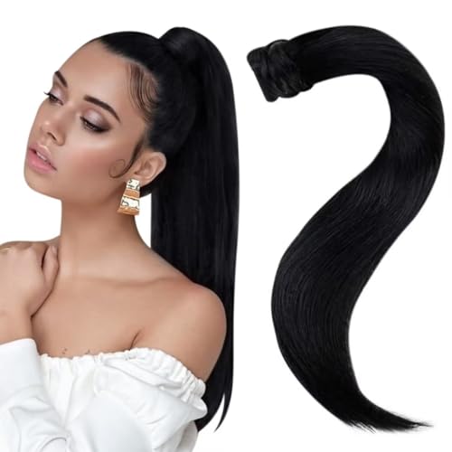 Easyouth Ponytail Hair Extensions Human Hair Black Pony Tails Hair Extensions Real Human Hair Jet Black Ponytail Extension Human Hair for Women #1 18Inch 80g