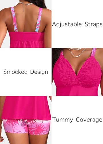 Image of ROSEWE Womens Tankini Bathing Suits, Two-Piece Smocked Swim Dress, Print Swimsuits with Board Shorts