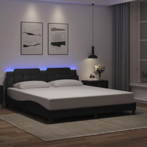 vidaXL Super King Faux Leather Bed Frame with LED Lights - 180x200 cm Black, Plywood Slats, Elegant Wave Design, Bedroom Furniture