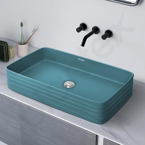 Image of Plantex Ceramic Designer Washbasin for Bathroom /Countertop Bathroom Basin /Rectangle Tabletop Wash Basin for Restaurant /Hotel (Harmony Blue - 26 x 15 x 5 Inch)
