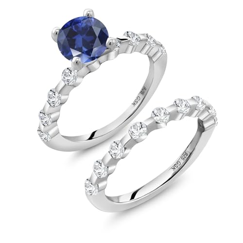 925 Sterling Silver Blue Created Sapphire and White Topaz Wedding Engagement Ring Band Bridal Set For Women (2.96 Cttw, Gemstone September Birthstone, Round 7MM, Available in Size 5,6,7,8,9)
