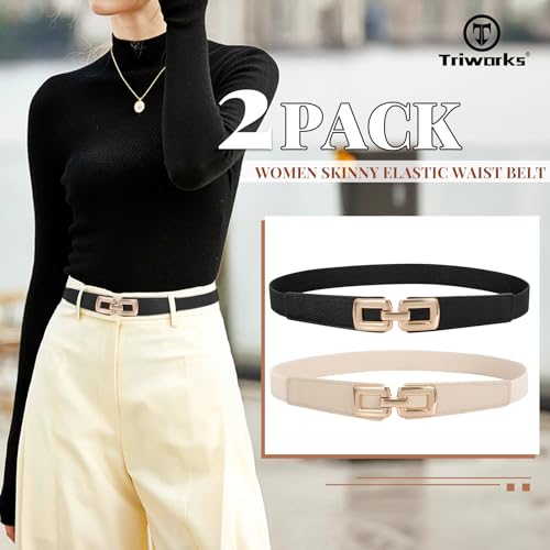 2 Pack Women Skinny Elastic Waist Belt for Dress Ladies Thin Stretch Belt with Gold Buckle2