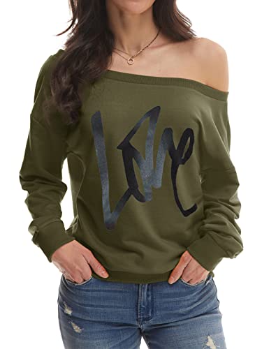 Yanekop Womens Oversized Sweatshirt Love Letter Printed Off Shoulder Sweatshirt Loose Slouchy Pullover Tops(Army Green,2Xl) #TOP1