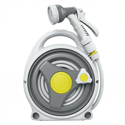 Retractable Garden Hose Reel 15M Compact & Portable Hose Pipe Reel with Adjustable Spray Gun Nozzle and Universal Adapter Gray