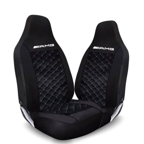 Tee AutoCare Fits Mercedes AMG – A35 A45, C43 C63, E53 E63, S63 S65, CLA35 CLA45 – Quilted Black Front Seat Covers with Logo, Universal Fit, Waterproof, Easy Wash, Durable Stitching (Black) (Black)