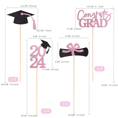Gexolenu 16 PCS Pink and Black Double-Sided 2024 Graduation Centerpieces for Tables, 2024 Table Toppers Party Centerpiece Sticks Party Supplies, Graduation Party Decorations Class of 2024, Set of 4