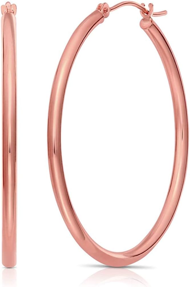 14k Rose Gold Classic Hoop Earrings, Real Gold Round Polished Hoops