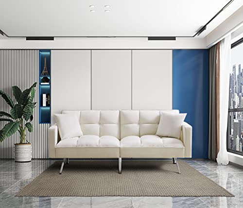 74" Modern Velvet Upholstered Futon Sofa Split Back Loveseat Convertible Sleeper Couch Bed Daybed, Folding Recliner With Armrest,2 Pillows&Silver Metal Legs For Living Room/Compact Space #TOP1