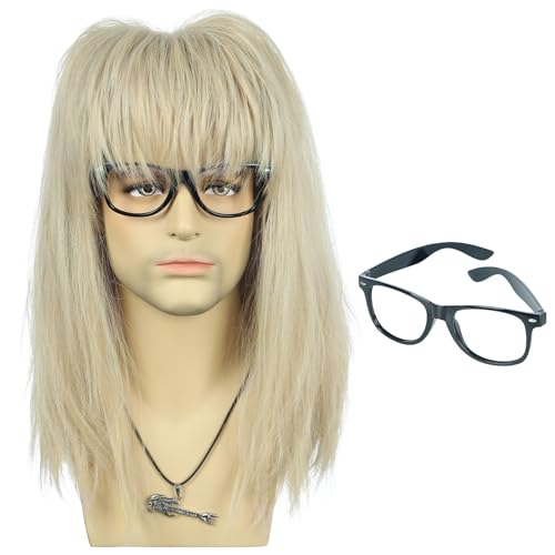VGbeaty Mens Long Blonde Mullet Wig and Black Glasses Cosplay Halloween Party Costume Wig
