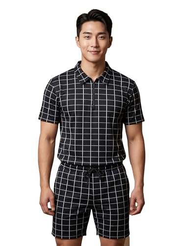 Image of Men's Printed Zip Polo Neck T-Shirt with Half Short Pant Co-ord Set Fabric, Stylish Printed Design, Comfortable Regular Fit