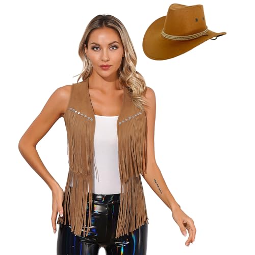 Sywiyi Chaleco de vaquero para mujer, con flecos, sin mangas, chaqueta con sombrero, disfraz de cowboy occidental, disfraz de sheriff, carnaval, fiesta temática, ropa de Coslplay, marrón, L