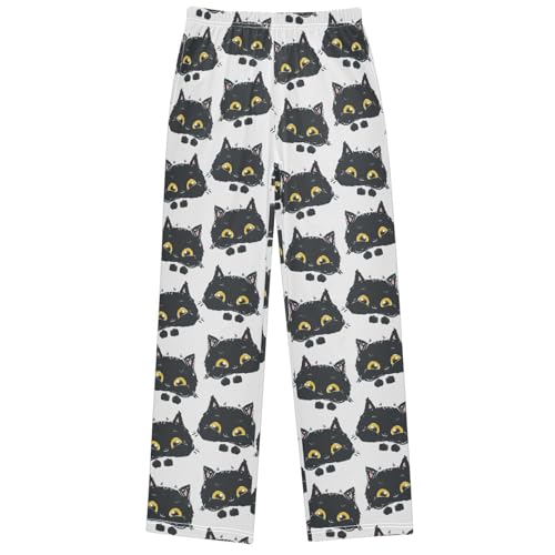 Boy's Pj Pants Black Cat Yellow Eyes Doodle Lounge Bottoms Elastic Kids Sweatpants Joggers with Pockets Size 6-14