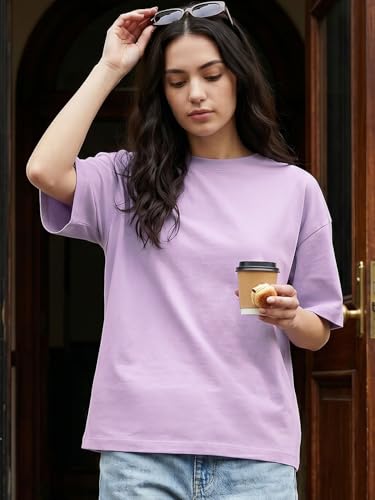 Image of Bewakoof Women's Solid 100% Cotton T-Shirt - Oversized Fit, Round Neck, Half Sleeves