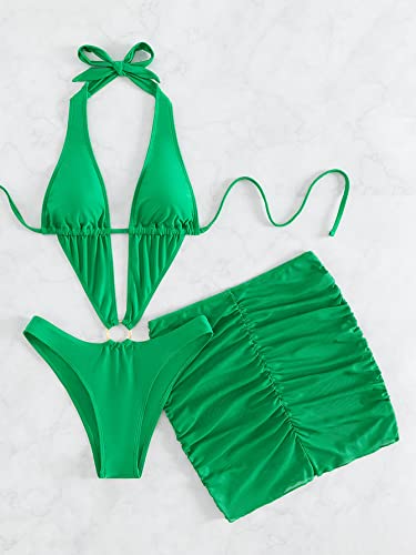 Wdirara Women's 2 Piece Tie Back Halter Ring Linked Monokini With Beach Skirt Green L #TOP2