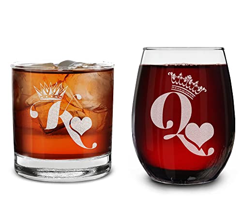 shop4ever® King & Queen of Hearts Couples Gift Set Engraved Whiskey Glass and Stemless Wine Glass His and Her Gift Set