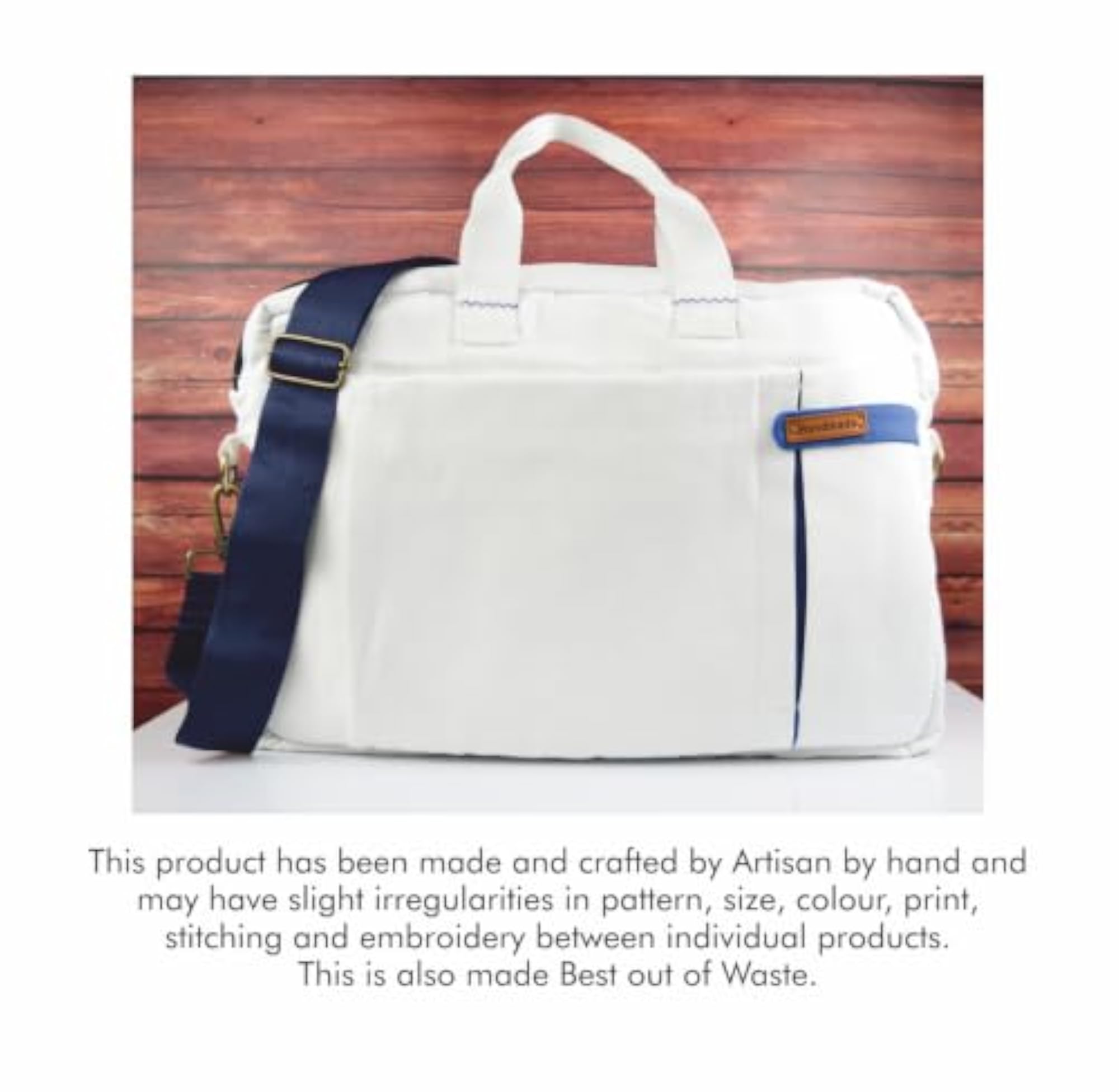 Meraj's Creatives White Canvas Bag, Large with Blue Patch