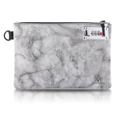 KOSMCCO Lockable Money Bag - 6.5x10 Inches Pu Leather Locking Bank Bag Coin Purse for Cash, Jewelry, Passports, Medicine, Credit Cards and Valuable Storage (Marble Black)