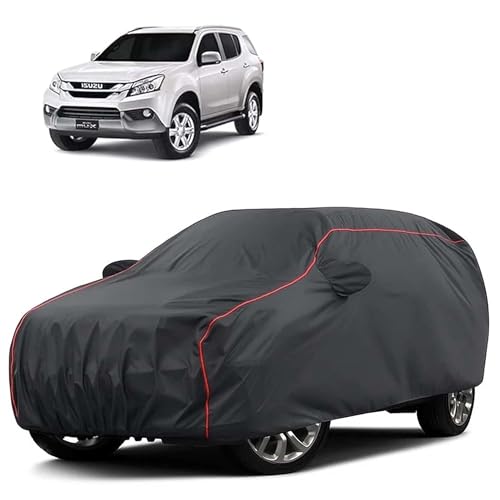 Image of Sulfar 100% Water Resistant Car Body Cover Compatible with Mirror for Isuzu MU X (Triple Stitched, Full Bottom Elastic, Dark Grey Tafetta with Red Piping)