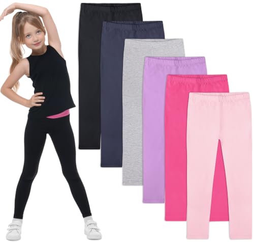 FEQO 6 Pack Girls Cotton Leggings Stretchy Full Length Pants, 6-7Y(Pink)