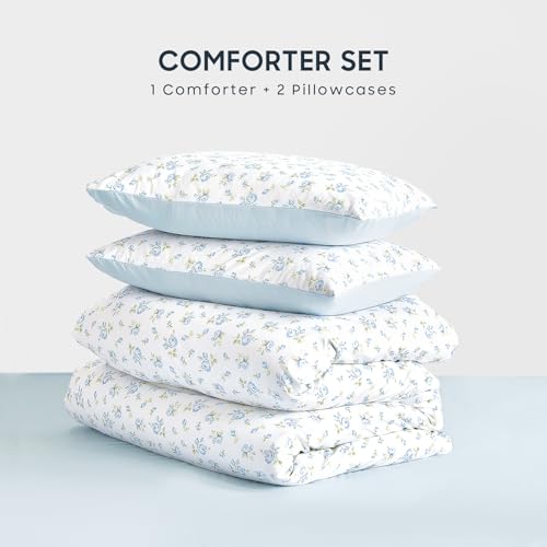Image of Wake In Cloud - Floral Comforter Set, Coquette Cottagecore Aesthetic Flower Shabby Chic Pattern for Women Teen Girls, Soft Lightweight Bedding, 3 Pieces, White Blue, Twin /Twin XL Size