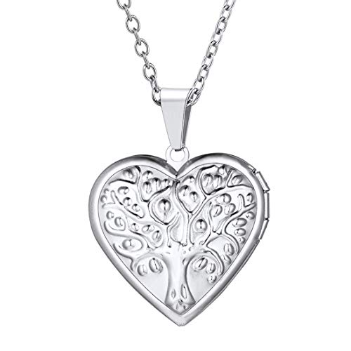 U7 Platinum Plated Family Tree Heart Shape Photo Locket Necklace, Christmas with Decent Box