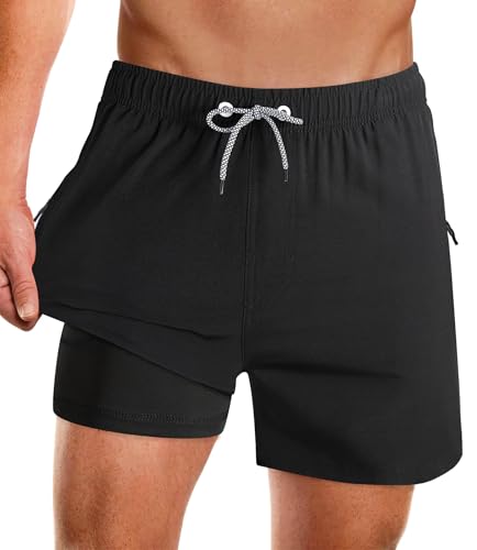 APTRO Bañador para hombre con bolsillos con cremallera, 2 en 1, de secado rápido, con forro de compresión, 02, Negro, L