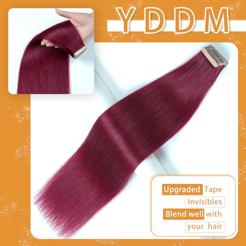 Image of YDDM 20pcs Tape in Hair Extensions, 14 Inch Burgundy 100% Remy Human Hair Straight Seamless Invisible Tape in Hair Extensions Human Hair(99J-A#, 14 Inch)