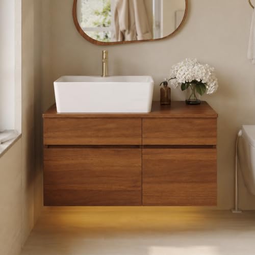 30 Inch Bathroom Vanity with Sink, Walnut & White Floating Vanity