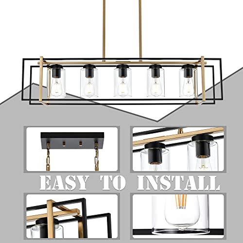 MELUCEE Large Pendant Lights Kitchen Island 5 Lights Dining Room Light Fixture Farmhouse Rectangular Chandelier Black and Brass Finish with Clear Glass Shade, Adjustable Height by MELUCEE - Image 7