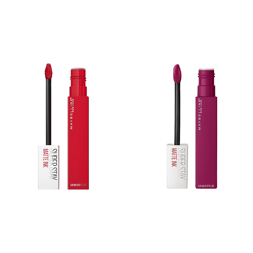 MAYBELLINE Super Stay Matte Ink Liquid Lipstick Makeup Long Lasting High Impact Color Up to 16H Wear Composer Cherry Brown Shot Caller Bright Pinky Red 1 Count Each