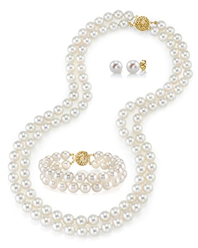 The Pearl Source 14K Gold 6.5-7mm AAAA Quality Round White Freshwater Cultured Pearl Double Strand Necklace, Bracelet & Earrings Set in 17" Princess Length for Women